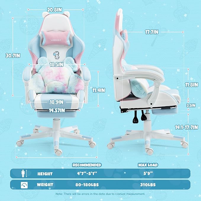 Cute Cat Ears Gaming Chair Girly Ergonomic Computer Chair with High Back 360° Swivel Office Computer Chair with Footrest and Paw Lumbar Cushion for Teens Girls Women (Pink Blue)