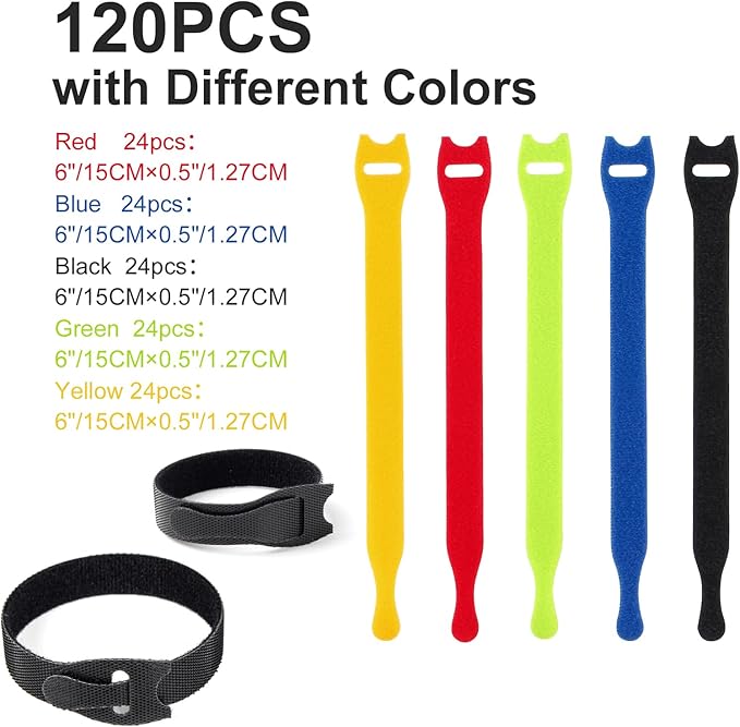 OneLeaf 120PCS Cord Organizer 6in Cable Ties Reusable with Hook and Loop, Colorful Fastening Cord Ties Wire Management for Home, Office, Data Centers, and Electronics, 5 colors