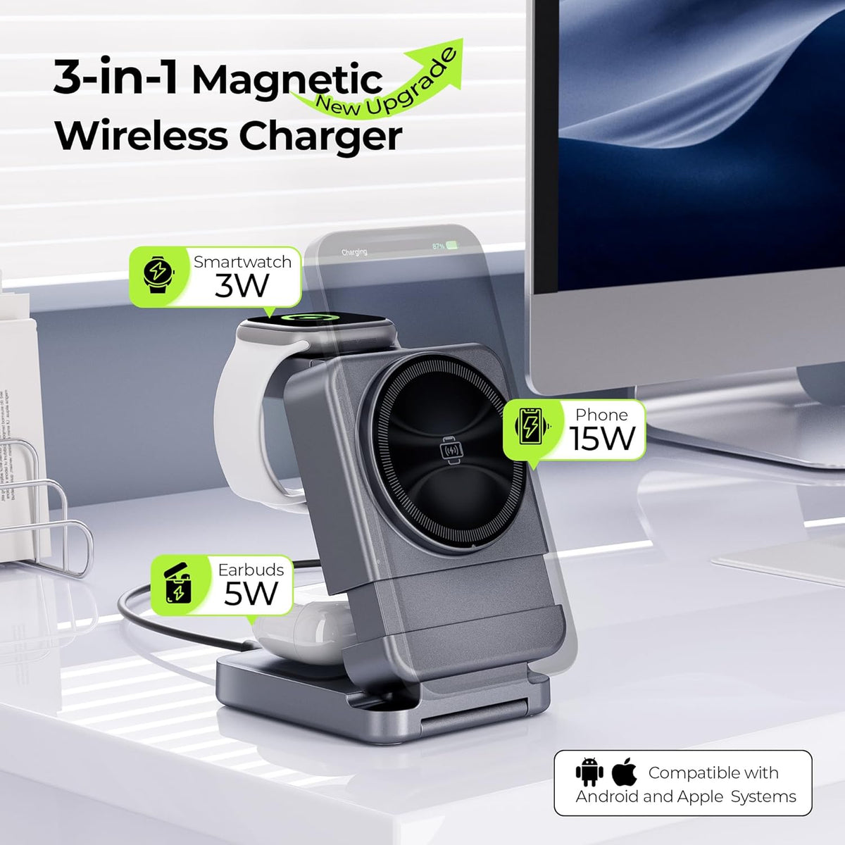 【2025 Upgraded】 Wireless Charger 3 in 1, Foldable Wireless Charging Station, Travel Magnetic Charger Stand, Nightstand 15W Charging Station for iPhone 16 Samsung S25 Samsung Watch TWS Earphone