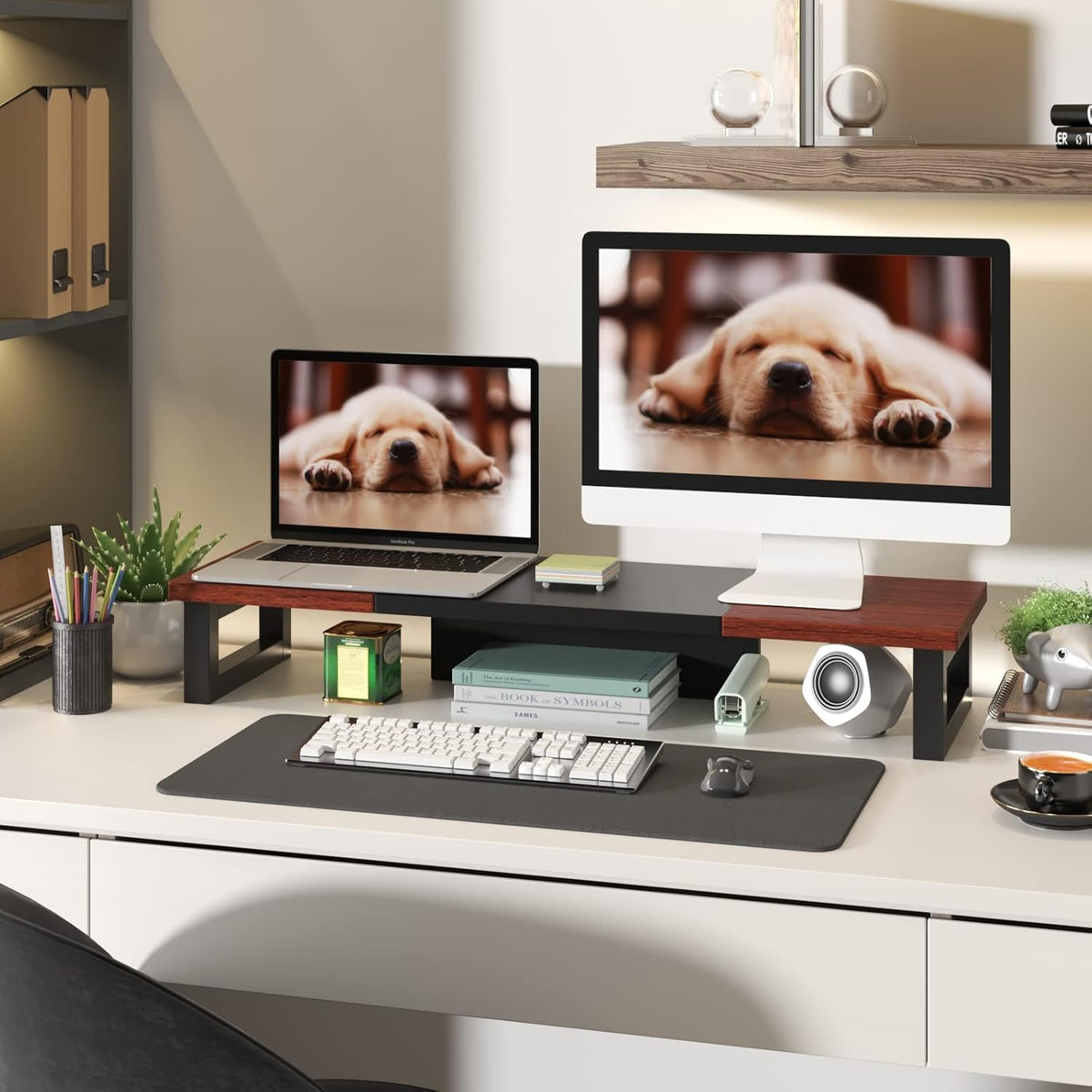 WESTREE Dual Monitor Stand Riser, Wood and Steel Monitor Stand Riser, Computer Monitor Stand for 2 Monitors, Multi-Purpose Desktop Storage Stand for Computer,Laptop,Printer,TV