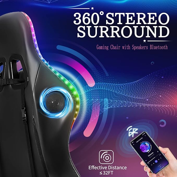 Gaming Chair with Bluetooth Speakers RGB LED Lights &amp Footrest Massage Computer Gaming Chair/Video Game Chair for Adults &amp Teen Enhance Gaming ExperienceRed