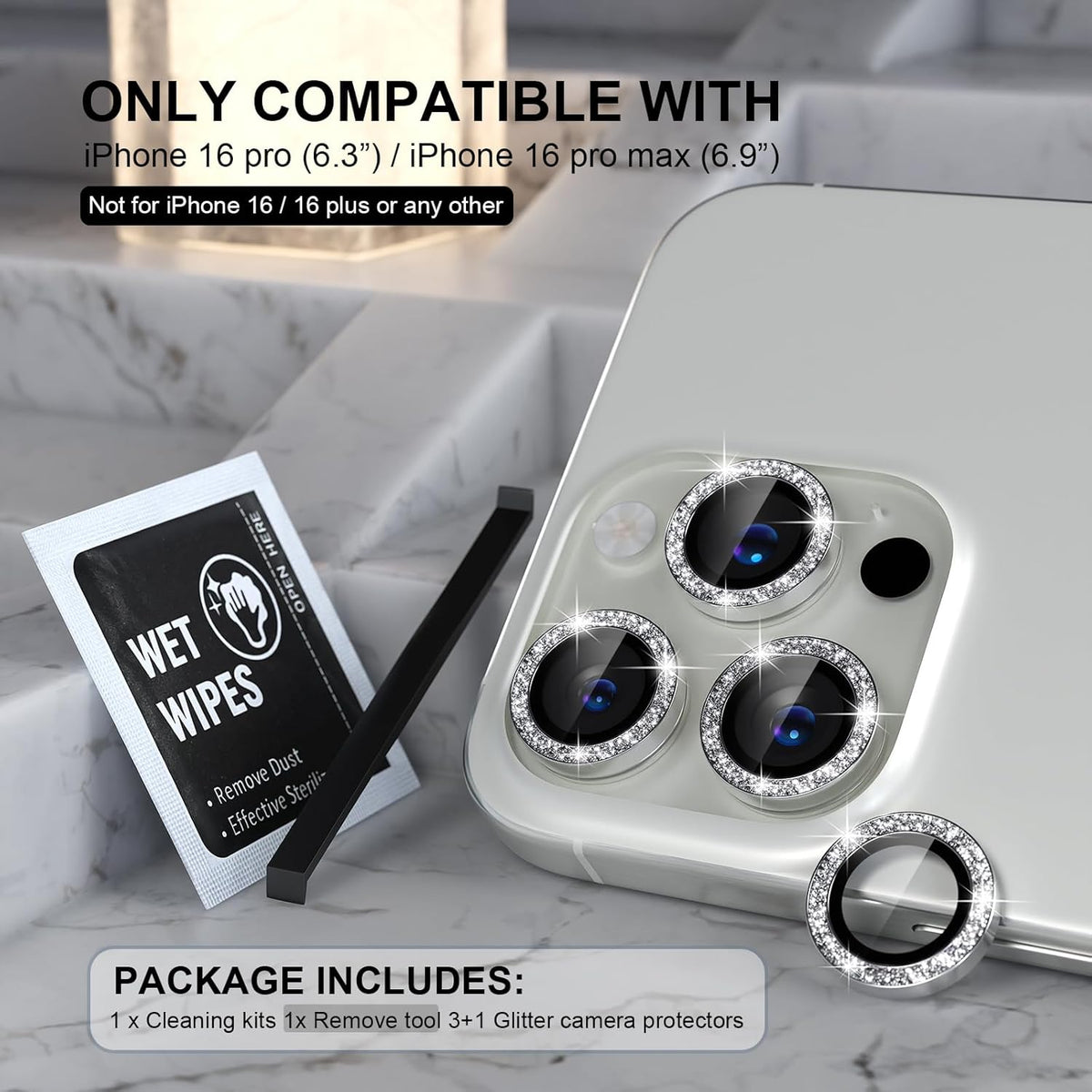 Choiche Compatible for iPhone 16 Pro/iPhone 16 Pro Max Camera Lens Protector Bling, 9H Tempered Glass Camera Cover Screen Protector Metal Ring Decoration Accessories (Glitter-Silver)