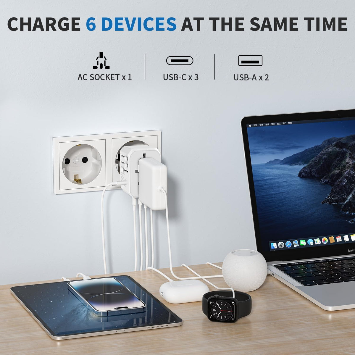 EPICKA Universal Travel Adapter, International Power Adapter with 2 USB-A & 3 USB-C Ports Wall Charger - Worldwide Travel Essentials, European Travel Plug Adapter for UK/US/AU (TA-105C, White)