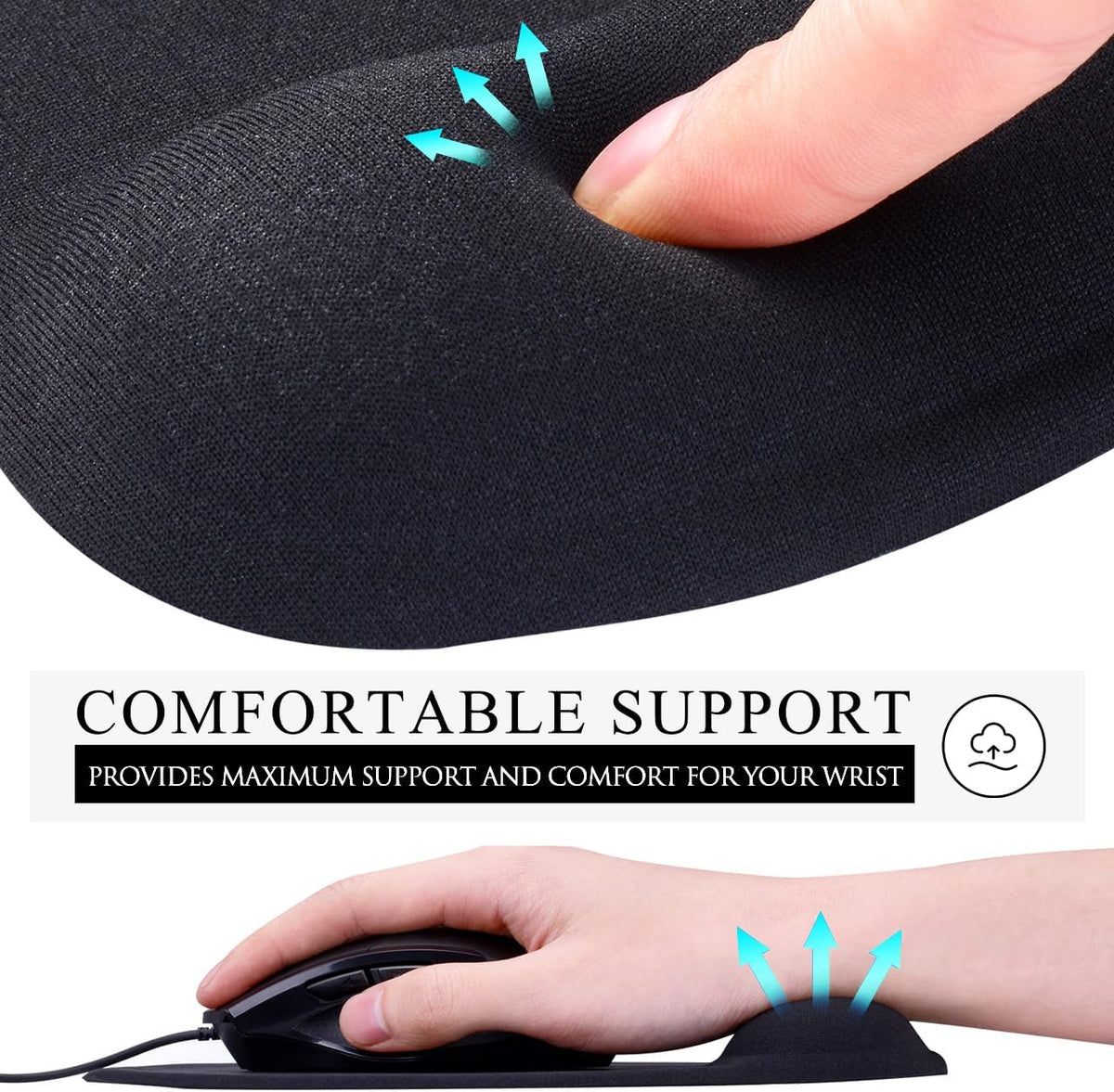 JIKIOU Mouse Pad, 2 Pack Ergonomic Mouse Pads with Comfortable Gel Wrist Rest Support and Smooth Cloth, Non-Slip PU Base for Easy Typing Pain Relief Durable and Easy to Clean Small Black