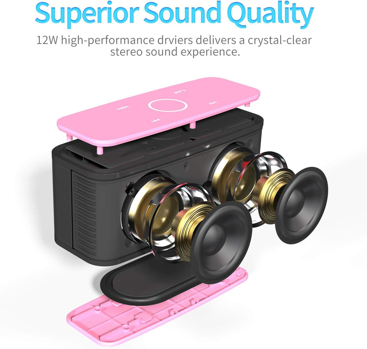 DOSS SoundBox Touch Wireless Bluetooth Speaker with 12W HD Sound and Bass, IPX5 Water-Resistant, 20H Playtime, Handsfree, Portable for Office, Home, Outdoor, Travel-Pink