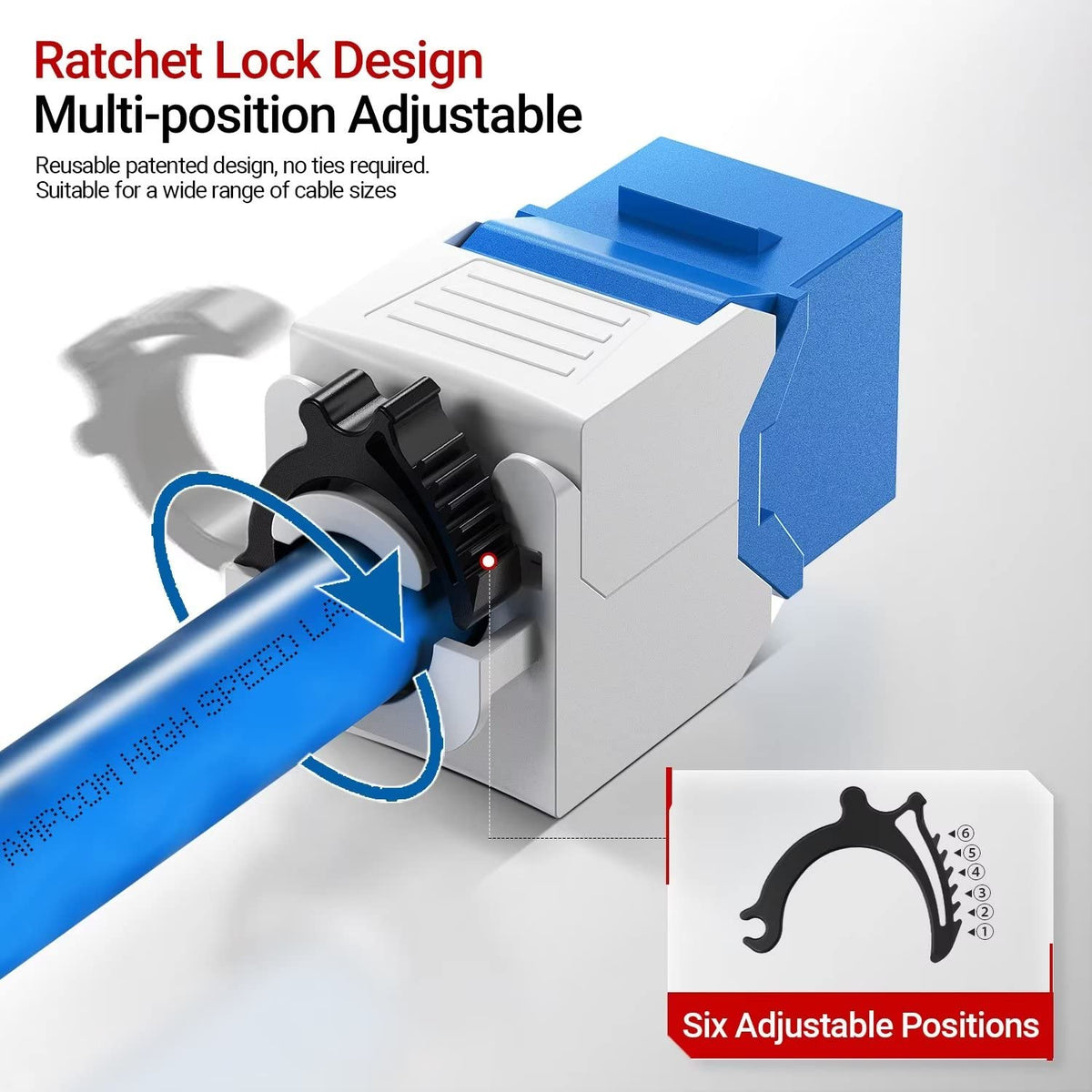 AMPCOM CAT6 RJ45 Keystone Jack - Reusable UTP Ethernet Wall Jack with Adjustable Ratchet Lock Design, No Tool and Zip Tie Required - 50u Gold Plated - Blue (2-Pack)