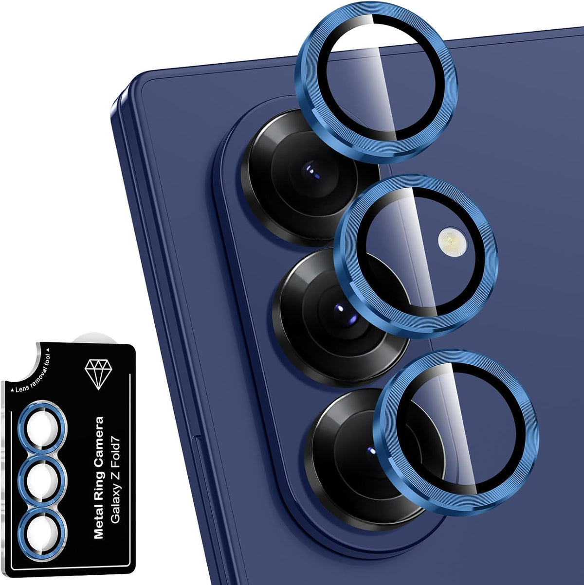 for Samsung Galaxy Z Fold 7 Camera Lens Protector, Individual Metal Ring Tempered Glass Lens Cover, [Strong Adsorption] Scratch Resistant Ultra-Thin HD Clear Lens Cover, 1 Set-Blue Shadow