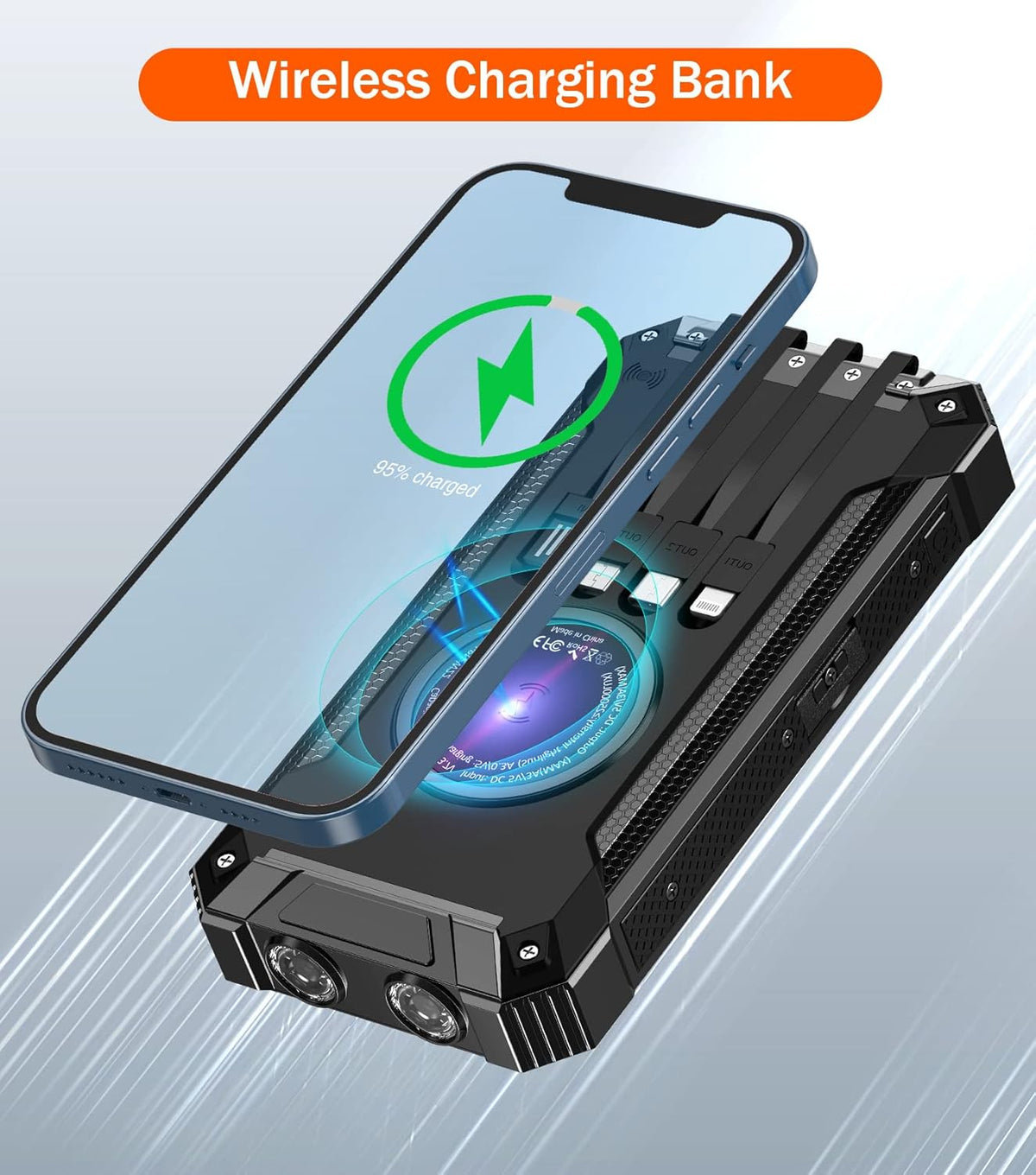 GOODaaa Power Bank Wireless Charger 36000mAh Built in 4 Cables Six Outputs 15W Fast Charging Power Bank for All Mobile Devices Three Inputs Solar Portable Charger with Dual Flashlights, Carabiner