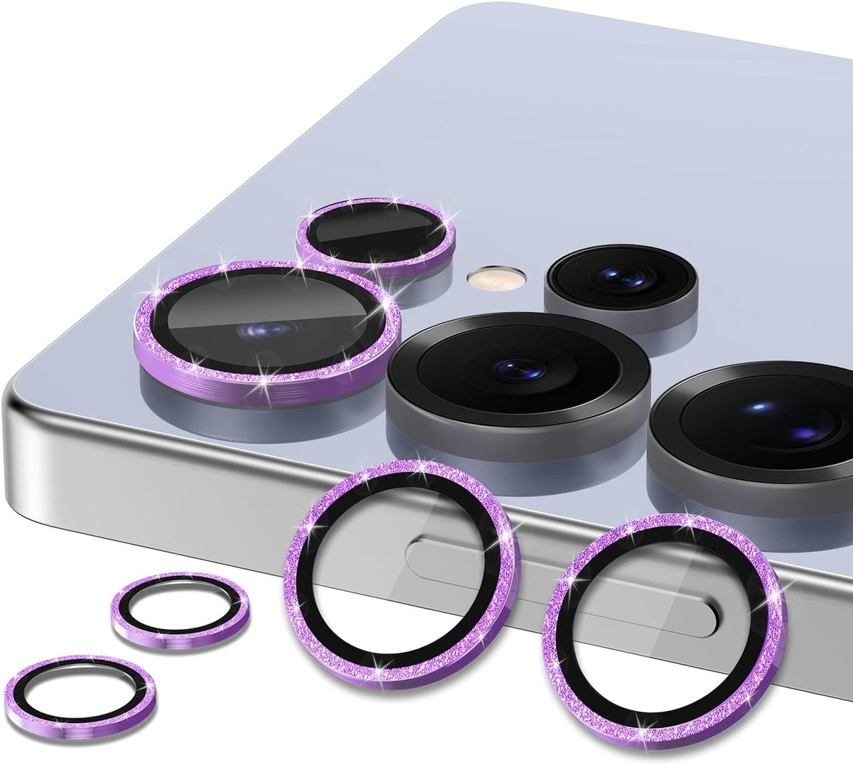 for Samsung Galaxy S25 Ultra Camera Lens Protector, Individual Metal Ring Tempered Glass Lens Cover, [Strong Adsorption] Scratch Resistant Ultra-Thin HD Clear Lens Cover, 1 Set-Purple Sparkly
