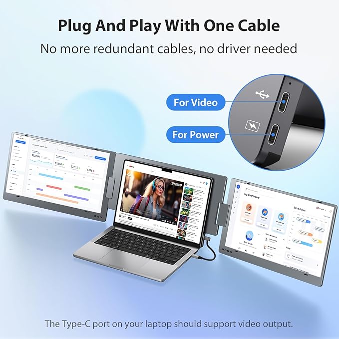 KYY Triple Laptop Screen Extender 15.6 1080P FHD IPS Dual Portable Extended Monitor USB C Travel Display for 12-17'' Laptop 210°Rotation &amp Kickstand Plug and Play (Windows Only)