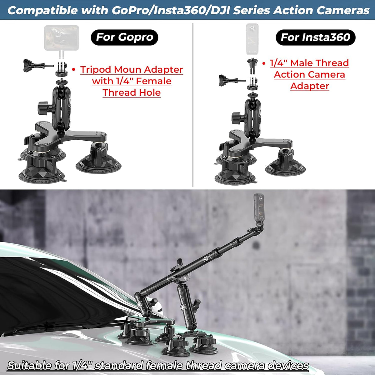 Suction Cup Car Mount - Aluminum Alloy Extendable Selfie Stick, Five 3.5" Large Suction Cup Car Windshield Camera Mount with Tripod Adapter Compatible with GoPro Insta360 DJI Action Cameras