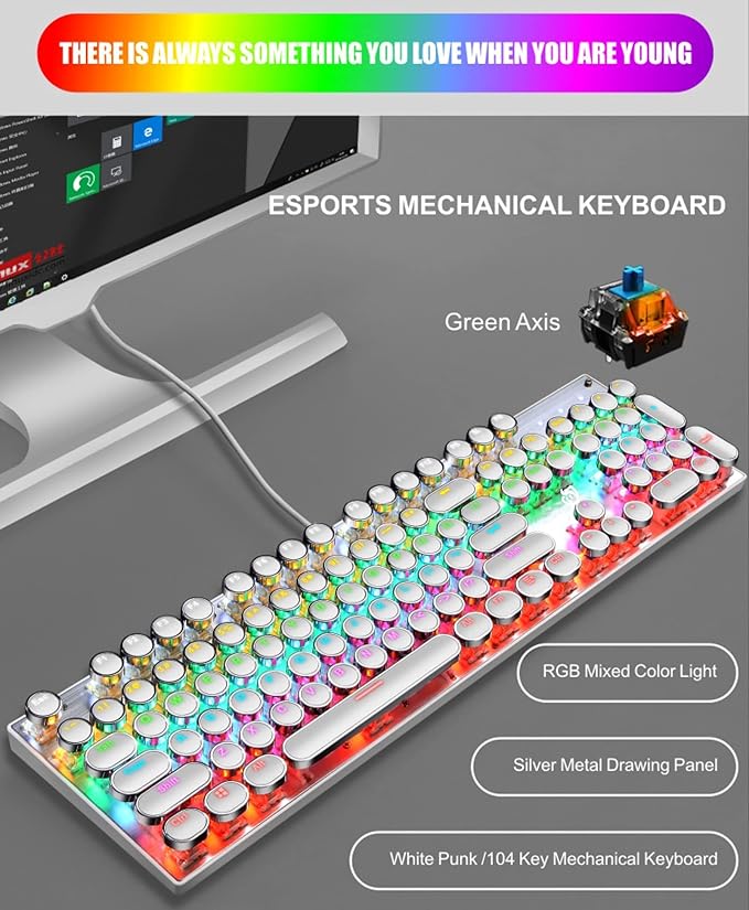 Typewriter Style Mechanical Gaming Keyboard LED Backlit Wired with Blue Switch Retro Round Keycap 104 Keys Keyboard (White 104 Keys LED)