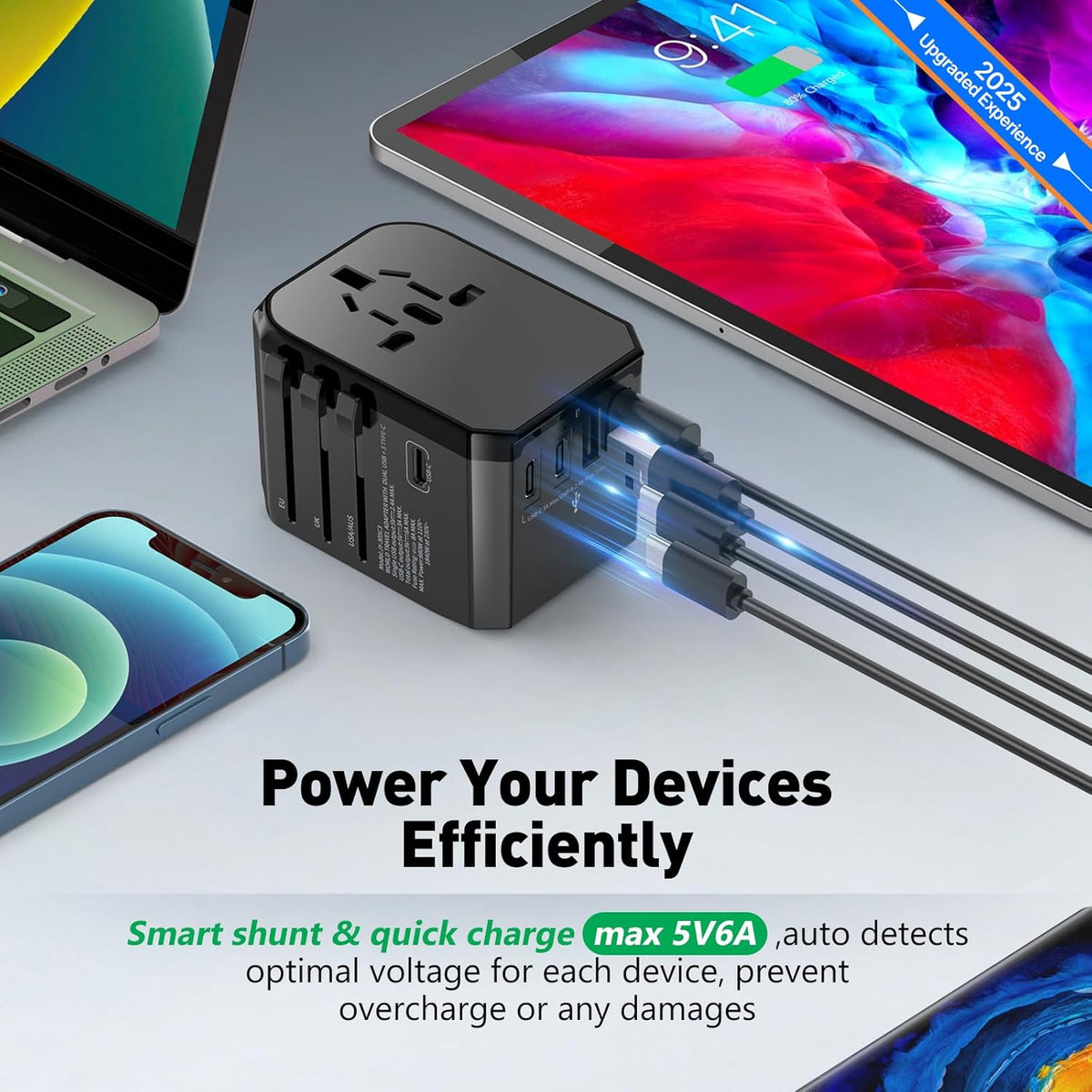 Universal Travel Adapter International Plug - European Travel Plug Adapter Worldwide US AUS EU UK Spain Germany Ireland Italy - All-in-one Travel Outlet Power Adapter with 3 USB C 2 USB A