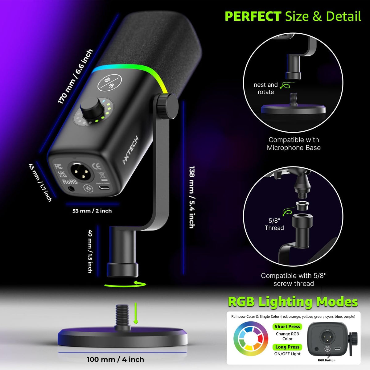 IXTECH Gaming USB Microphone for PC, Noise Cancellation Condenser Mic for Podcasts and Video Streaming with Tripod Stand, Pop Filter, Shock Mount, Gain Control, RGB Lights, Quiet Mute Button (Black)