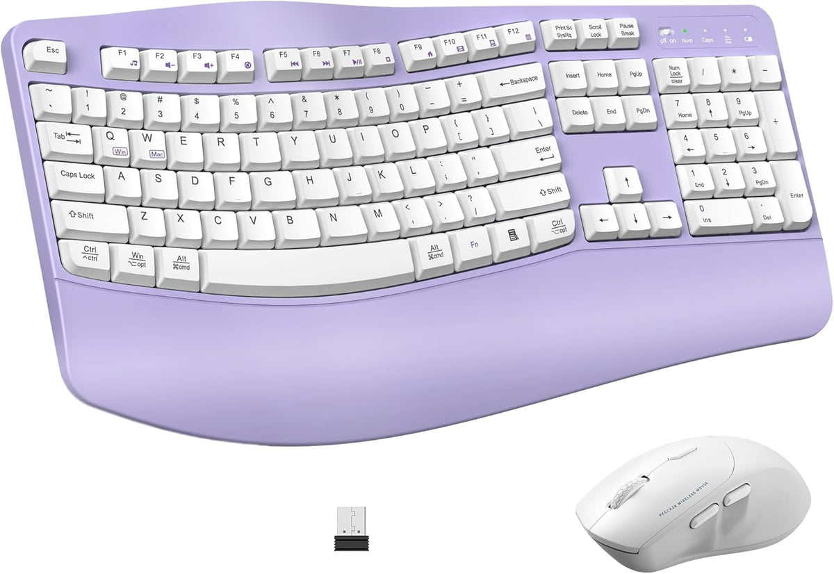 Ergonomic Wireless Keyboard and Mouse Combo, Wave Keys Keyboard with Wrist Rest for Natural Typing, 3 DPI Adjustable Ergonomic Silent Mouse for Computer/Laptop/Windows/Mac (Purple)