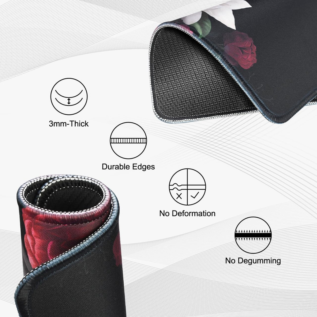 JIKIOU 3 Pack Mouse Pad with Stitched Edge, Comfortable Mouse Pads with Non-Slip Rubber Base, Washable Mousepads Bulk with Lycra Cloth, Mouse Pads for Computers Laptop Mouse 10.2x8.3x0.12inch Peony