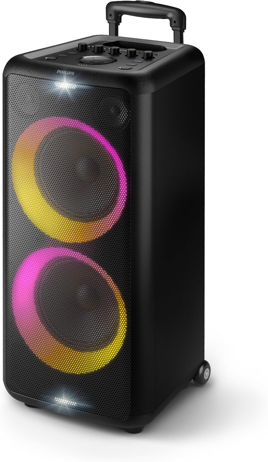 Philips X5206 bluetooth party speaker, portable with wheels, exciting light show, karaoke machine with microphone and Guitar Input, powerful bass & subwoofer, long playtime, perfect for outdoor events