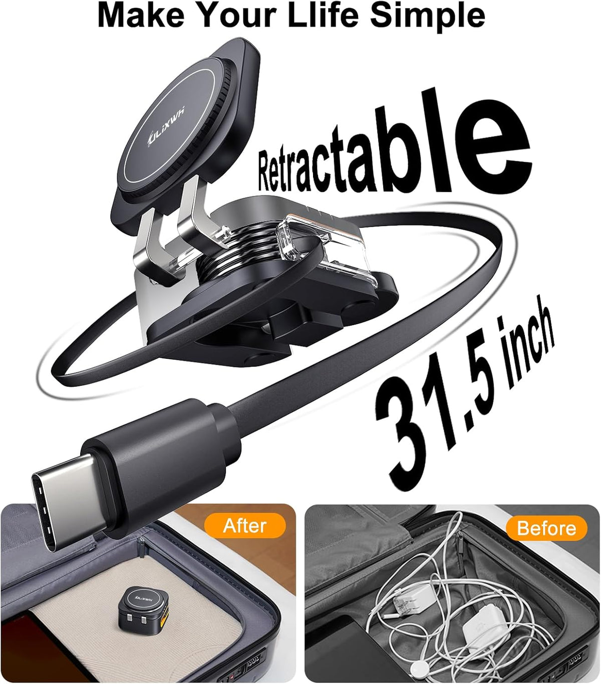Retractable 3 in 1 Charging Station for Apple, 15W Fast for Magsafe Foldable Magnetic Wireless Charging Stand with Retractable Cable, for Travel, for iPhone 16/15/14/13, Apple Watch, AirPods