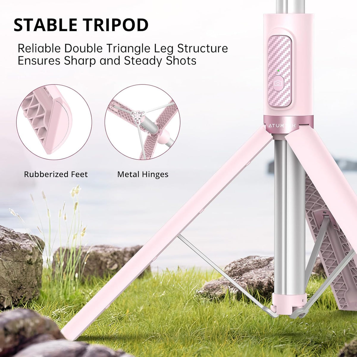 ATUMTEK 55" Selfie Stick Tripod, All-in-one Extendable Aluminum Phone Tripod with Rechargeable Bluetooth Remote for iPhone and More, Fitting 4.7-7 inch Smartphones, Pink