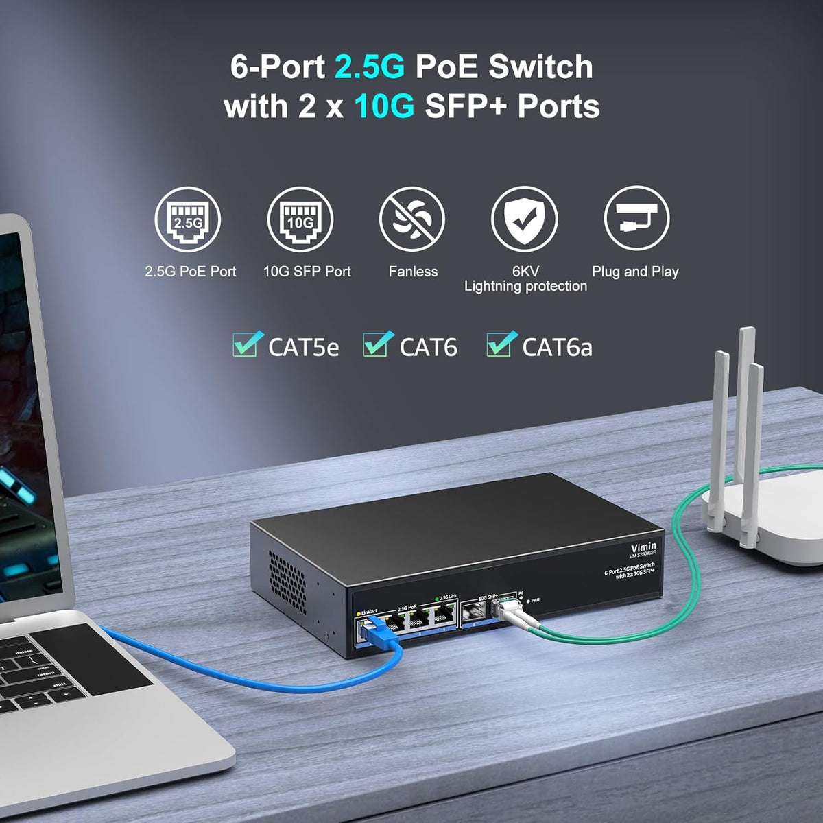 6-Port 2.5G PoE Switch Unmanaged, 4X 2.5GBase-T PoE Ports, 2X 10Gbps SFP, 4 Port PoE Switch 60Gbps Switching Capacity, Support IEEE802.3af/at, Metal Housing, Fanless, Desktop/Wall Mount 2.5Gbe Switch