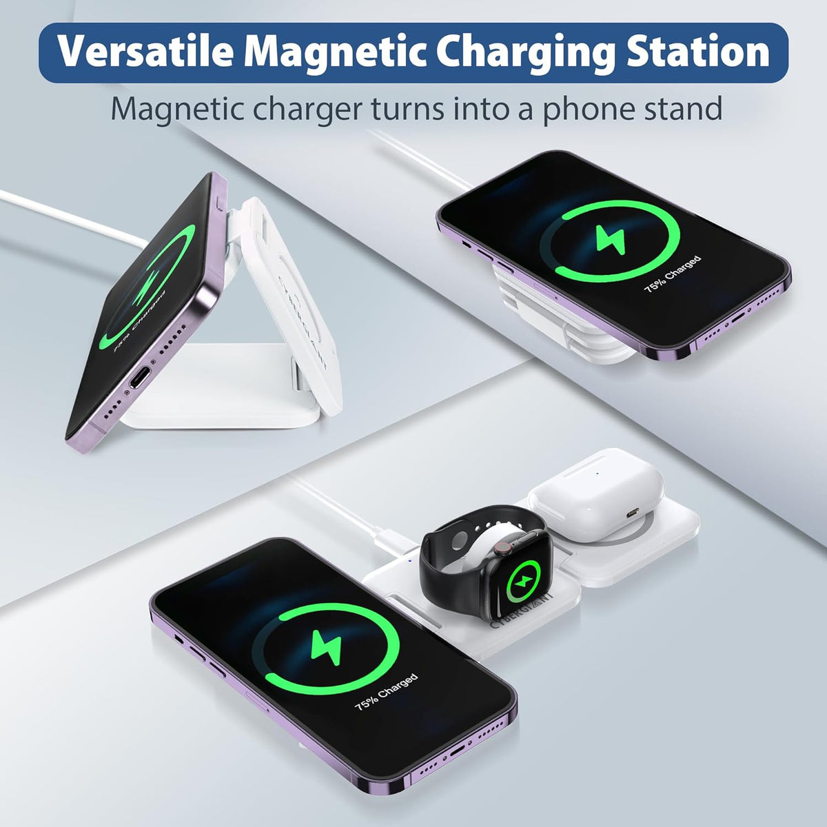 3 in 1 Apple Charging Station for iPhone Airpods iWatch - Travel Charger for Multiple Devices, Portable Foldable Charging Station - Magnetic iPhone Charger with Adaptor&Case (White)