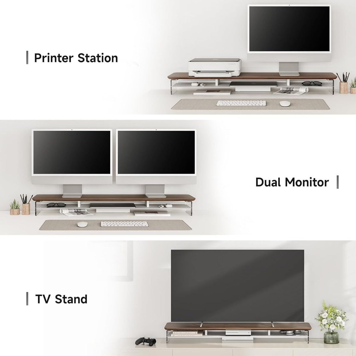 Fenge Acrylic Monitor Stand Riser, 42.5 Inches Dual Monitor Stand with Metal Storage, 2 Tier Acrylic Computer Riser for Desk, Clear Laptop Stand for PC, Laptop, Printer, TV, Brown