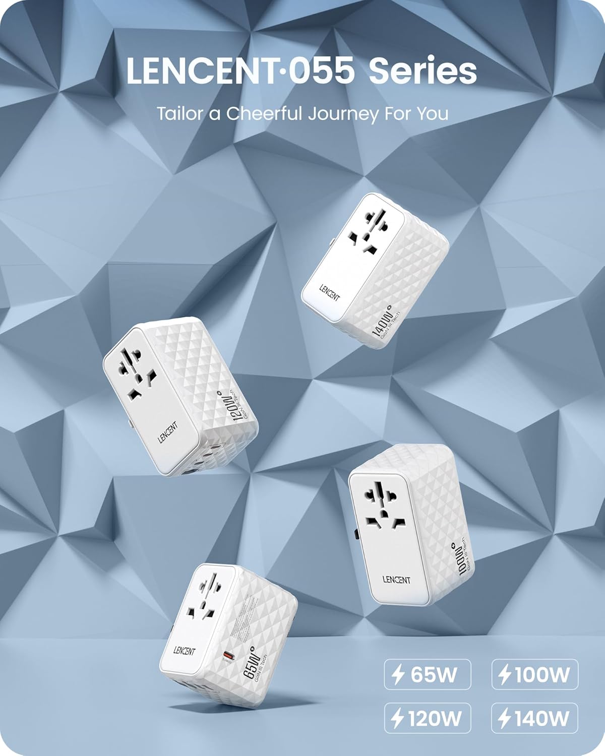 LENCENT 65W Universal Travel Adapter, GaN International Fast Charger 2 USB-A & 2 USB-C Power Plug Converter, Power Outlet Adapter for Phones,Laptops, All in One Travel Essentials for EU/USA/UK/AU