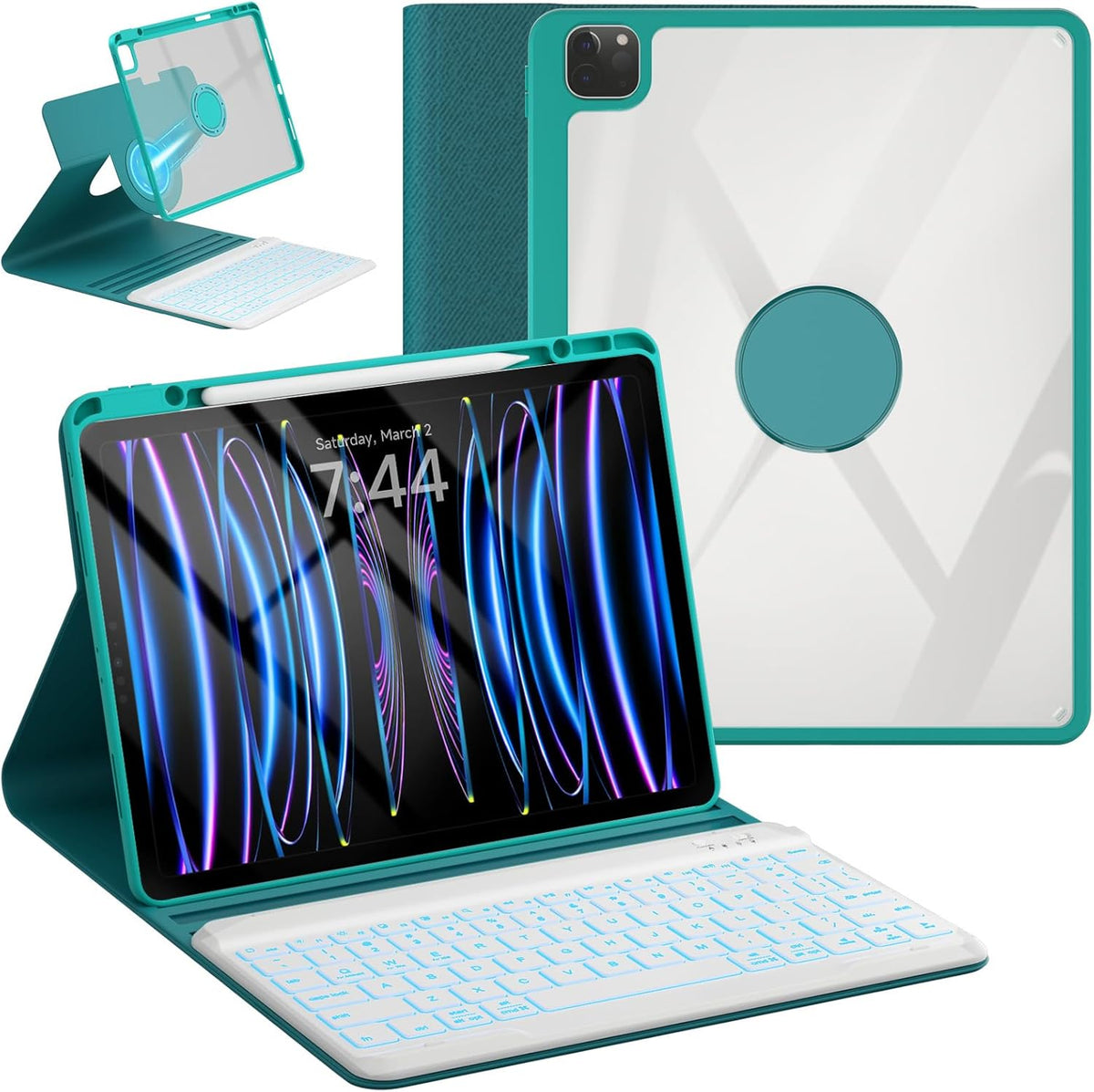 OYEEICE Keyboard Case for iPad Pro 12.9 inch 6th Gen 2022, 5th 2021, 4th 2020, Rotating Detachable Clear Cover with 7 Colorful Backlit Keyboard Wireless, Pencil Holder, Auto Wake/Sleep - Teal