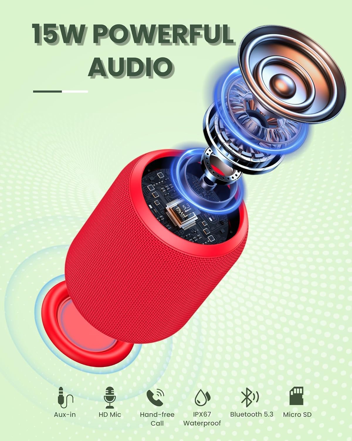 NOTABRICK Bluetooth Speakers, 15W Portable Speakers Bluetooth Wireless V5.0 with Stereo Sound, Active Extra Bass, IPX6 Waterproof Shower Speaker, Double Pairing, for Party, Home Theater, Game Theater