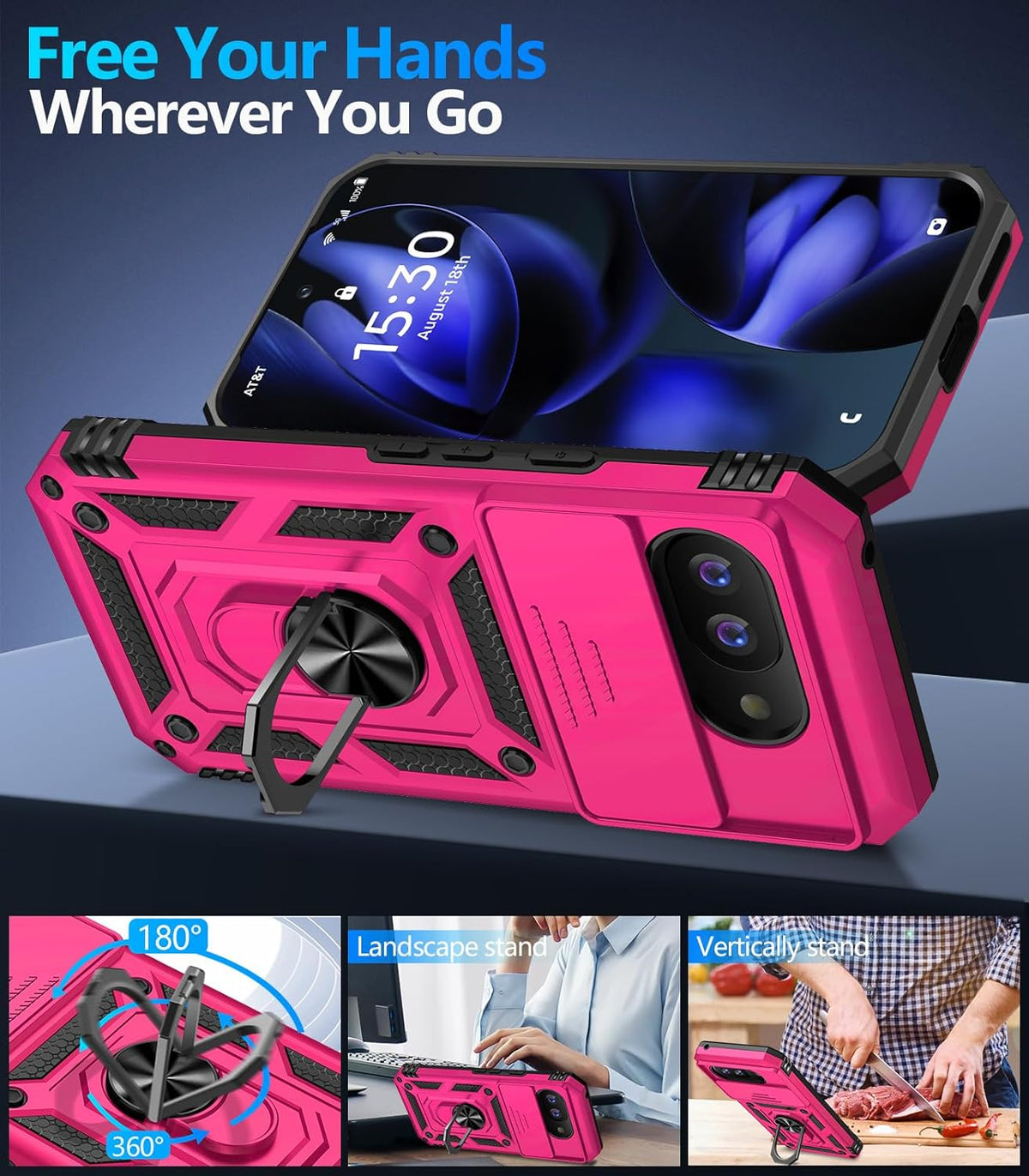 Taisairu for Google Pixel 9A Case with Screen Protector & Slide Camera Lens Cover,Built-in 360°Rotate Magnetic Ring Stand Shockproof Protective Phone Case for Google Pixel 9A Case(Hot Pink)