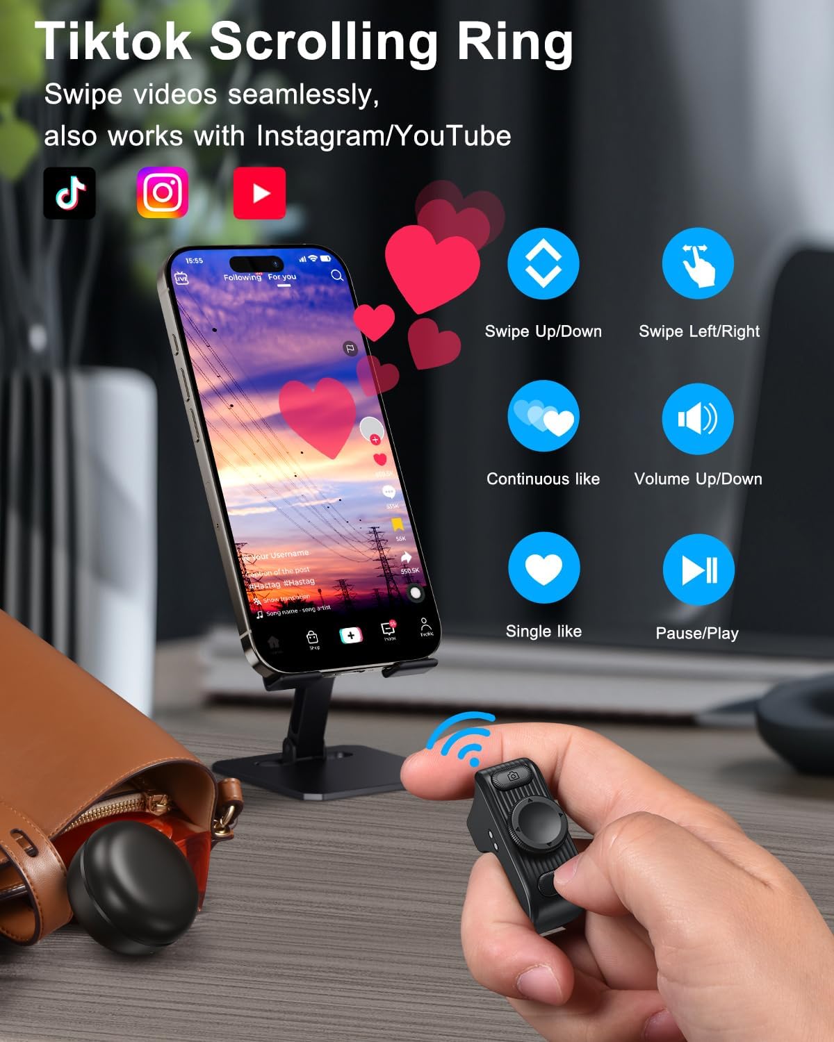 TikTok Scrolling Ring Remote Control, Camera Shutter Remote, Wireless Bluetooth Scrolling Ring for iPhone, iPad, iOS, Android - Black