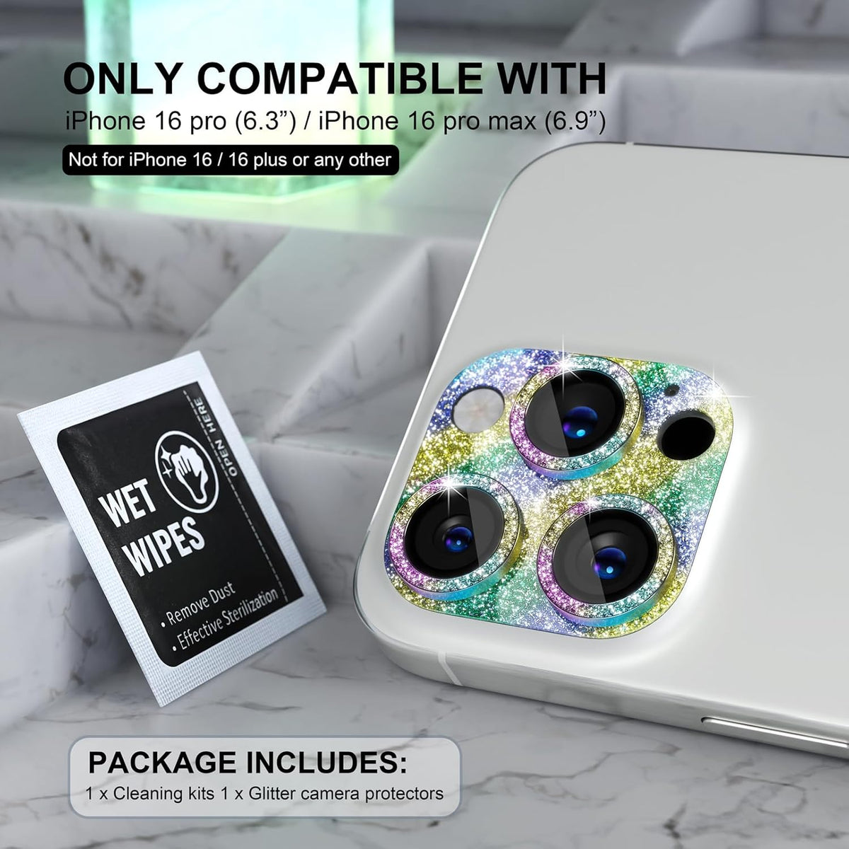 Choiche Compatible for iPhone 16 Pro/iPhone 16 Pro Max Camera Lens Protector, Bling Camera Cover with 9H Tempered Glass Lens Screen Protector Metal Ring Decoration Accessories (Glitter-Colorful)