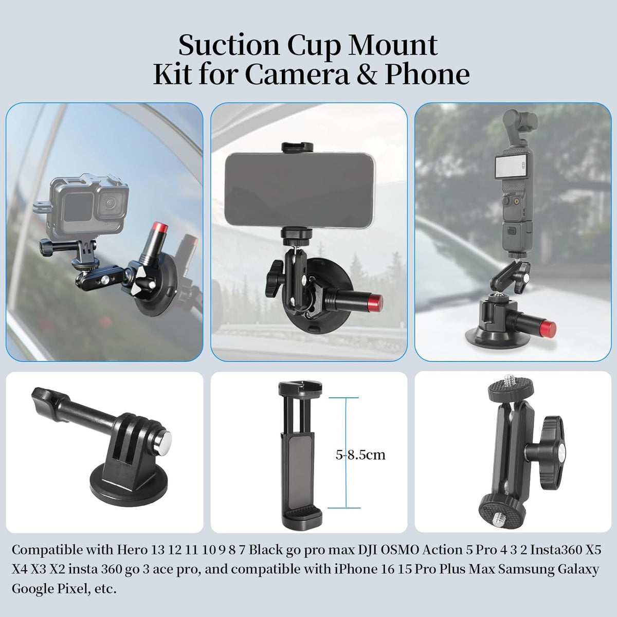 FIFIELD 3inch Suction Cup Camera Mount with Ball Head Magic Arm, 1/4" ARRI Holes, Quick Release Car Mount with Phone Holder & Action Camera Adapter Compatible with DJI OSMO Pocket 3 Insta360 iPhone