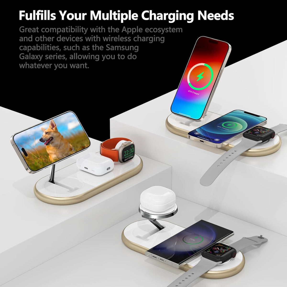 2025 Upgraded 3 in 1 Charging Station for Apple Devices, Fast Magnetic Mag-Safe Wireless Charger Stand for iPhone 16/15/14/13/12 Series & Apple Watch 1-9/Ultra & AirPods Pro (Gold)