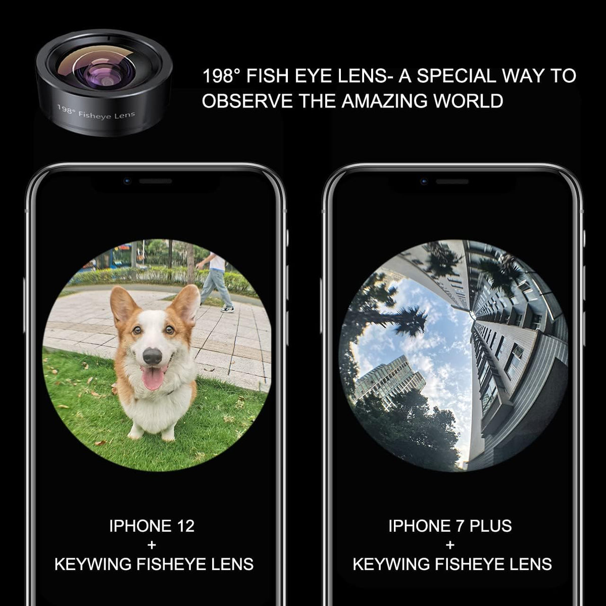 KEYWING Fisheye Lens 198° Fish Eye Phone Camera Lens Kit for iPhone Fish Bowl Camera Lens Attachments for iPhone 7 8 x xr 11 12 13 pro max Samsung Smartphone Black