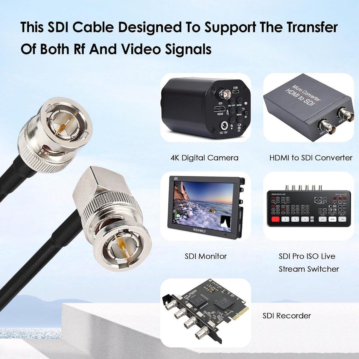 6FT, 75 RG179 3G/6G XRDS - RF Flexible Right Angle Video Cable, Ohm BNC Male Extension Cable for HD SDI Camera Monitor