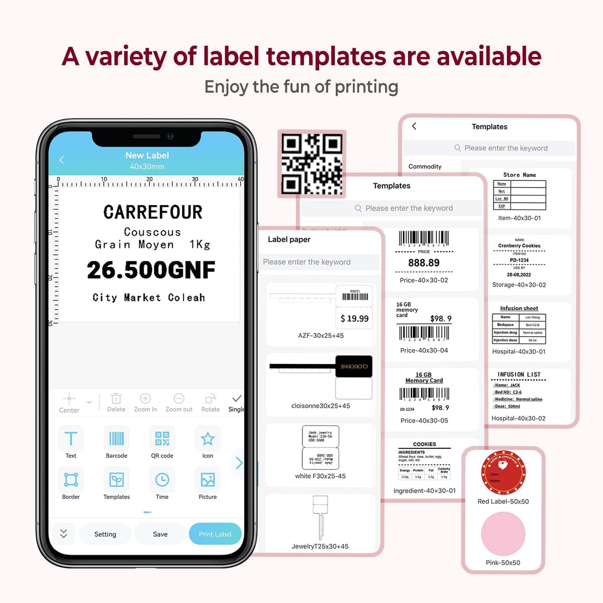 Phomemo Thermal Label Maker - M110 Barcode Label Printer Portable Bluetooth Labeler Maker Machine for for Small Business, Address, Logo, Clothing, Mailing, with 40x30mm Label, Pink