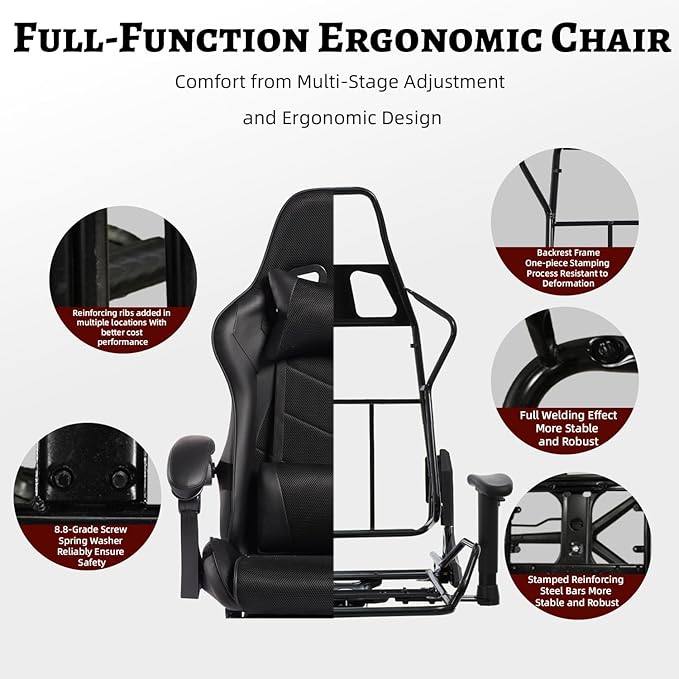 E-Sports Game Desk Chair Ergonomic Computer with Footrest and Comfy Lumbar Support for Adults PU Leather Recliner with Headrest Fixed Up Armrest Height Adjustable with 360° Swivel (Black)