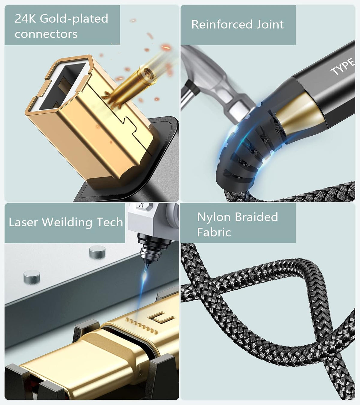 2-in-1 [2-Pack, 6.6FT] USB-A/C to USB-B Printer Cable USB C MIDI Cable Nylon Braid High-Speed Printer Cord for MacBook