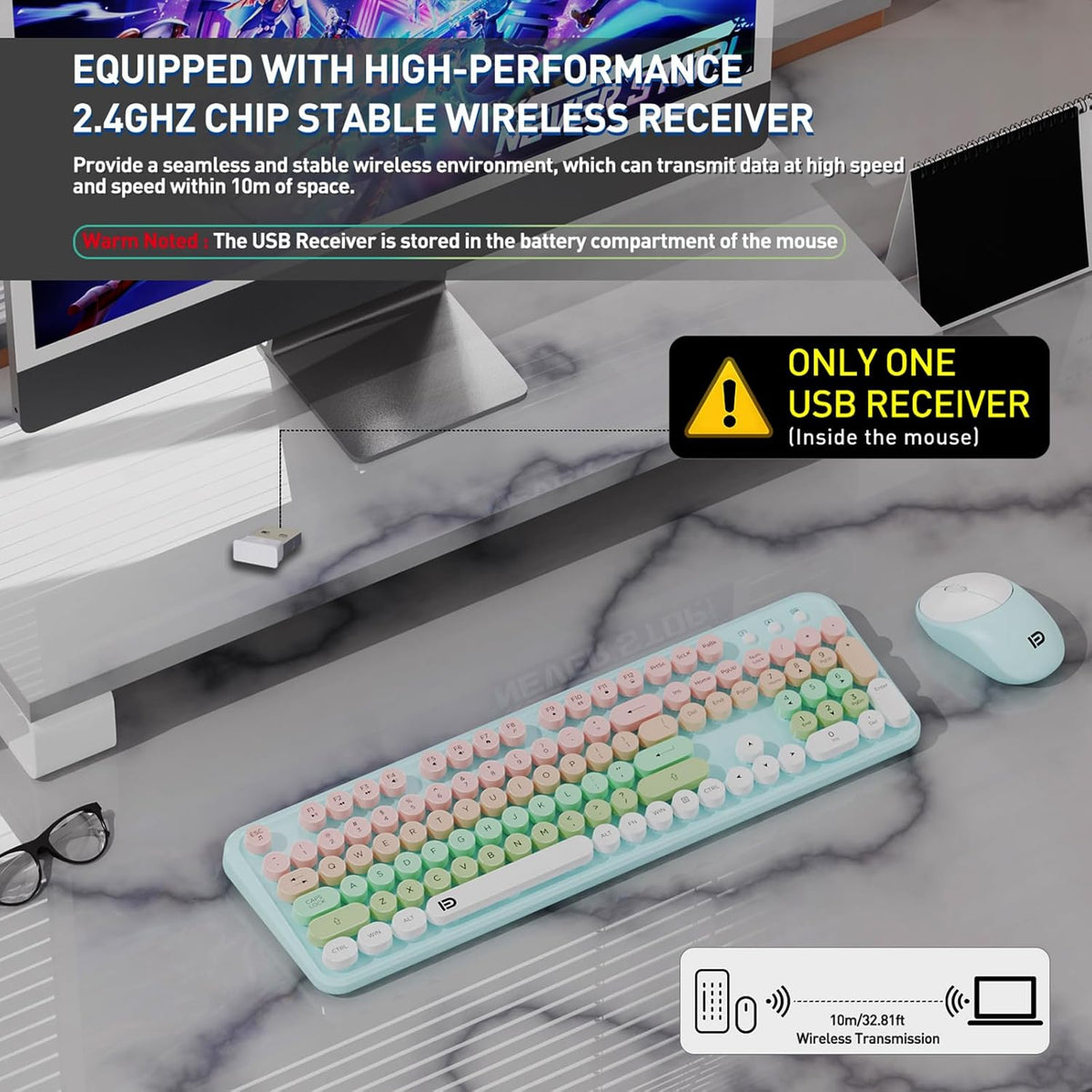 Wireless Keyboard and Mouse Set, 105 Round Keys Full-Size Cute Colorful Keyboard and Mouse with Retro Typewriter for PC/Mac/Laptop/Tablet/Computer/Windows Light Blue