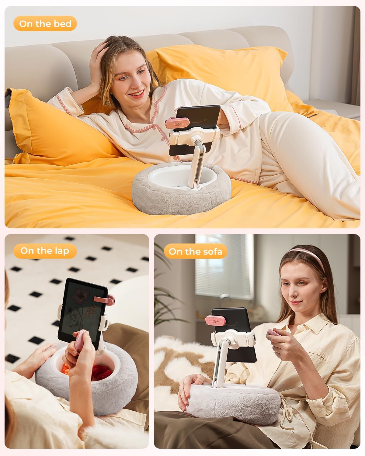 Kindle Pillow Stand – Soft Grey Fuzzy Tablet Holder with Storage Bowl, Hands-Free Lap Stand for Bed, Couch – Compatible with Kindle, iPad, Phones & E-Readers (Gray)