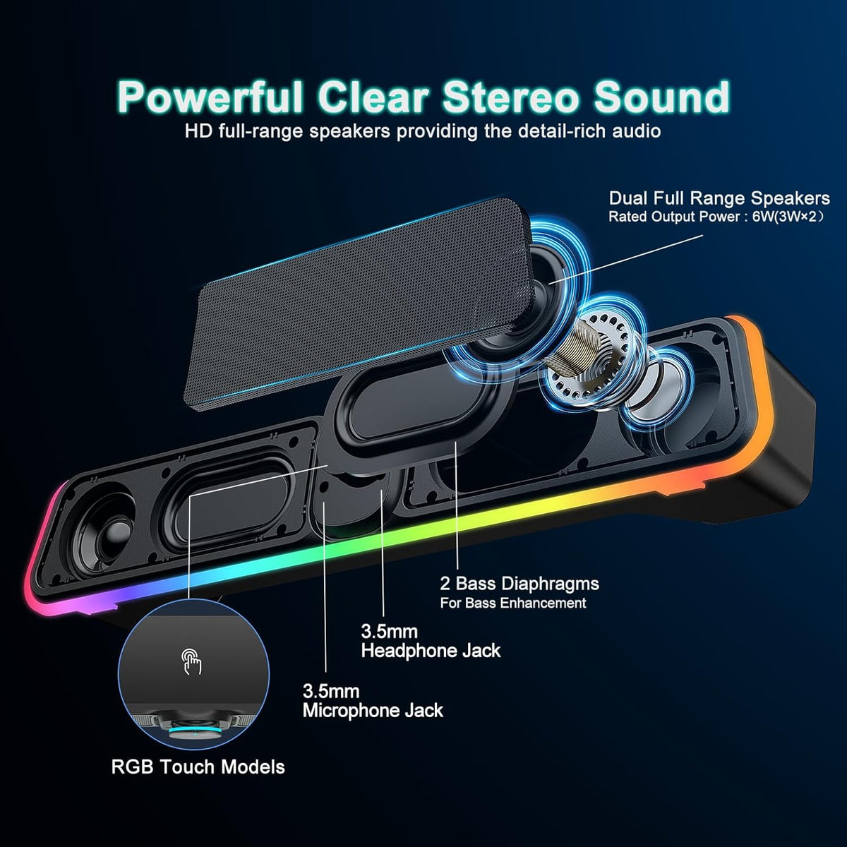 Computer Speakers - Wired USB Powered Bluetooth Computer Sound Bar with RGB & Volume Knob, HiFi Stereo Portable Gaming Sound Bar Speaker for Desktop Monitor, PC, Laptop, Tablets, Mac Air/Pro