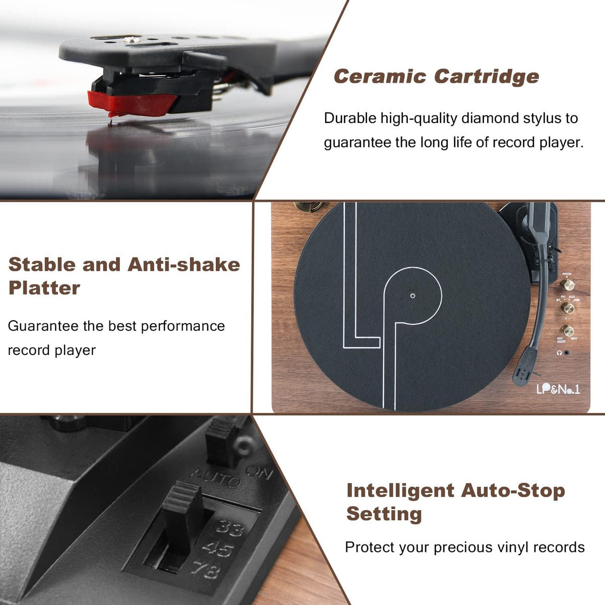 LP&No.1 Record Player with Stereo Speakers, 3-Speed Belt-Drive Turntable for Vinyl Records with Wireless Playback and Auto-Stop,Walnut Wood