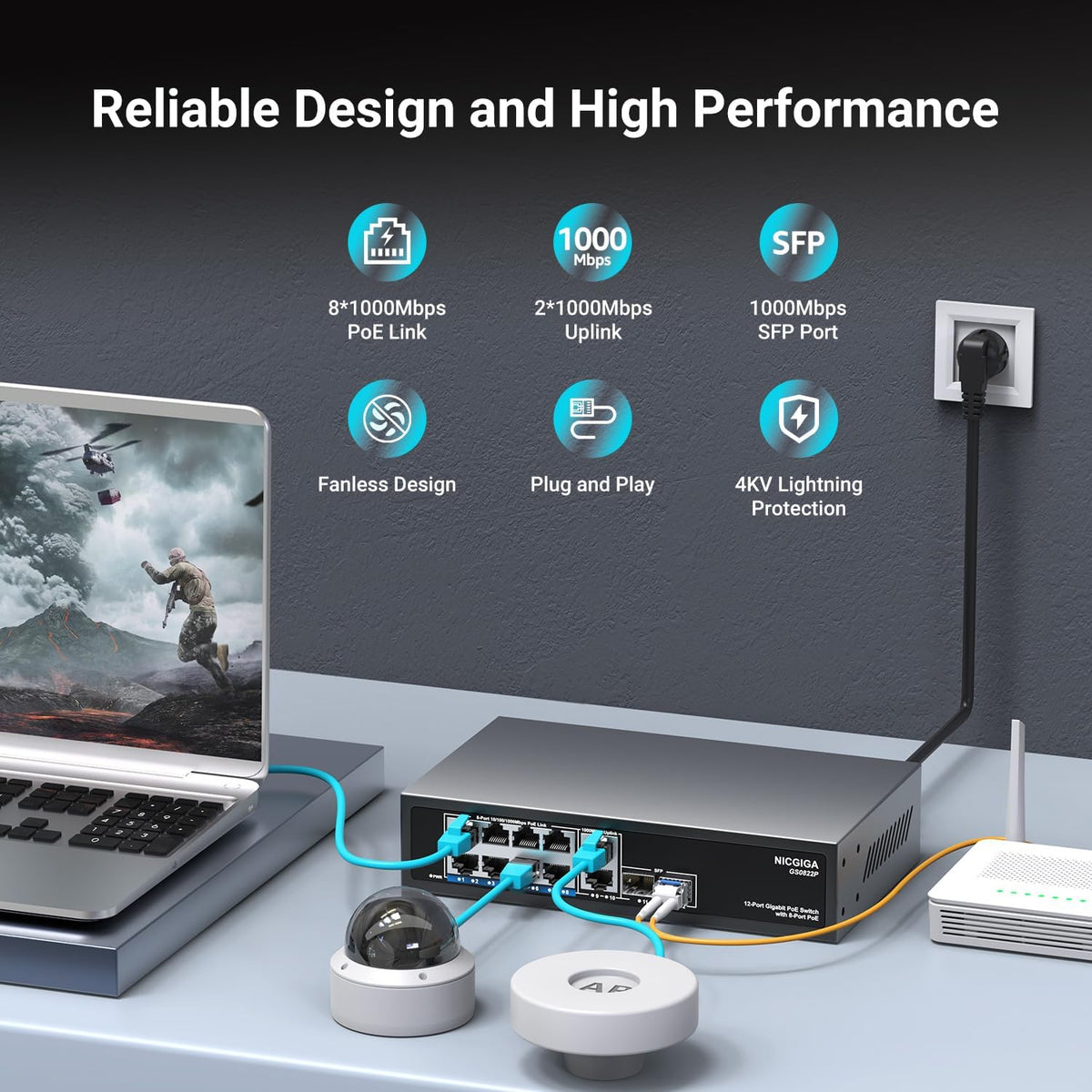 12 Port Gigabit PoE Switch Unmanaged with 8 Port IEEE802.3af/at PoE+@120W, 2 x 1000Mbps Uplink + 2 x 1G SFP, NICGIGA 8 Port Network Power Over Ethernet Switch, Desktop/Wall-Mount.