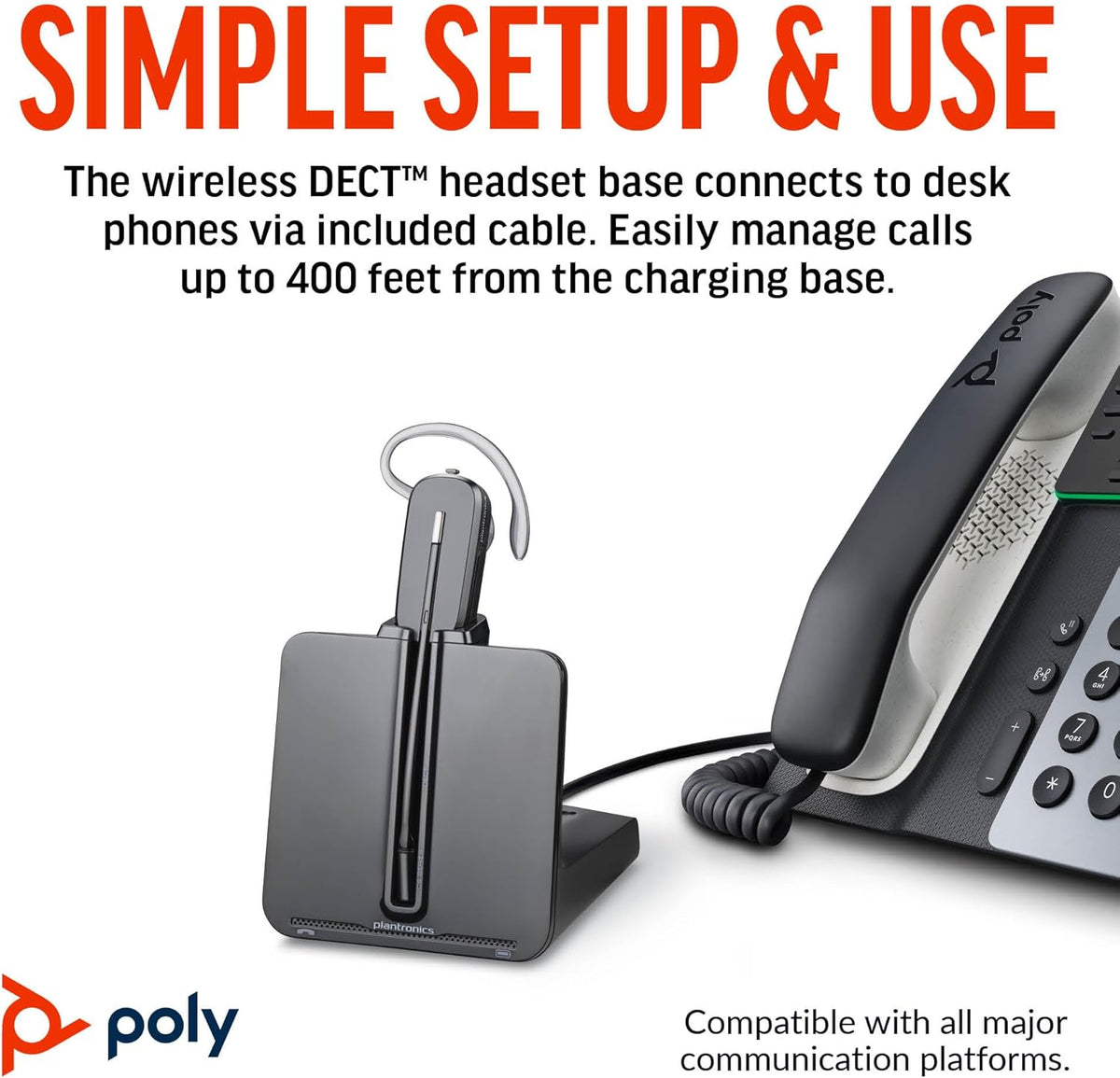 Poly CS540 Wireless DECT Headset with HL10 Lifter (Plantronics) - Single Ear (Mono) Convertible (3 wearing styles) - Connects to Desk Phone - Noise Canceling Microphone - Amazon Exclusive