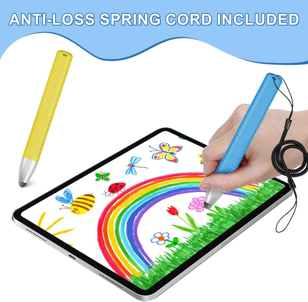 2pcs Kid-Friendly Stylus Pens for Touch Screens, Tablet Stylus Pen with Spring Cord Universal Touch Screen Capacitive Crayon Stylus Blue Yellow