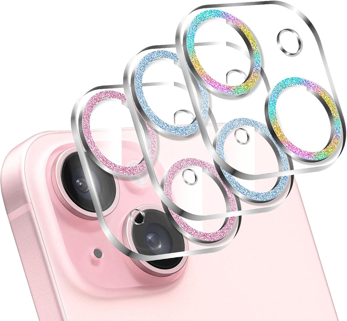 LucBuy 3PCS Sparkling Camera Lens Protector for iPhone 11, Full Clear Acrylic Cover with Shiny Colorful Glitter Designed Decoration Back Camera Protector