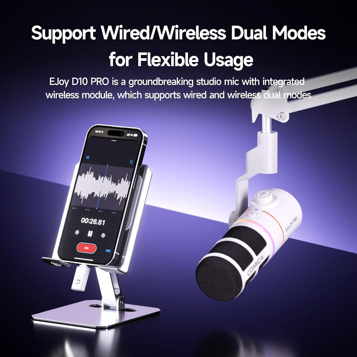 EJoy D10 PRO(A) USB Wireless Gaming Microphone – Boom Arm Mic with Wired/Wireless Modes, XLR/USB-C, Real-Time Monitoring, 45H Battery, RGB Dynamic Mic for Gaming, Streaming, Podcast, Recording (White)