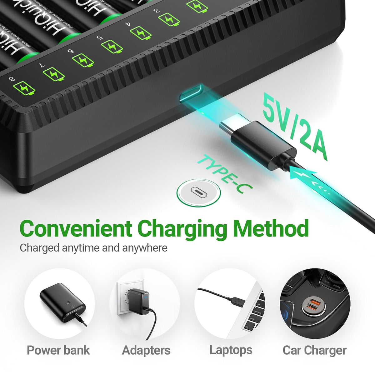 HiQuick 8 1.2V Bay AA AAA Battery Charger, High Speed Charging Battery Charger for Ni-MH/Ni-CD Rechargeable Batteries