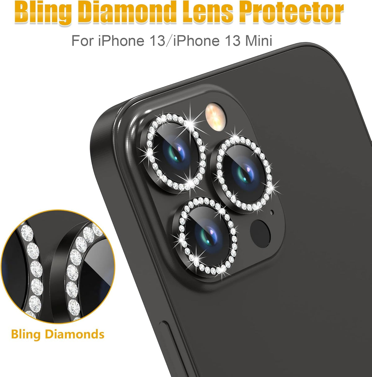 AGVEE 3+3 6 Pack for iPhone 13 Pro 6.1" / 13 Pro Max 6.7" Camera Lens Cover Protector, Bling Diamond & Bling Glitter Metal Ring 9H Tempered HD Glass Camera Cover Protector Film, Bling-Black